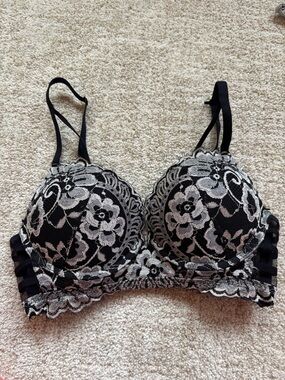La SENZA Hello Sugar Black Bra with Silver Lace Overlay Whimsigoth 32B